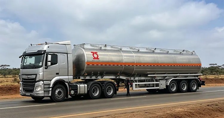 Aluminum tanker trailer transporting fuel on African roads