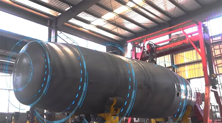 Close-up of fuel tank trailer automatic welding seam